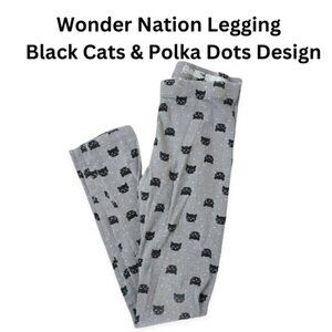 Wonder Nation Legging Pants Cats & Polka Dot Design Black & Gray Girl's 7/8 NWO